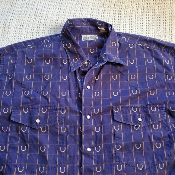 Vintage 90s Express Rider Blue Brown Pearl Snap Horseshoe Men's Western Shirt XL - Picture 3 of 8
